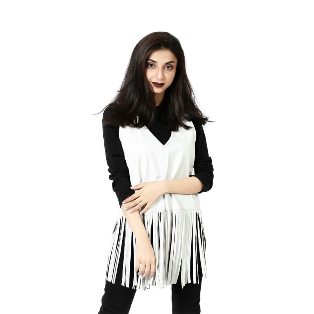 Barbra White Fringed Sleeveless Leather Top Shirt - Leather Jacketss