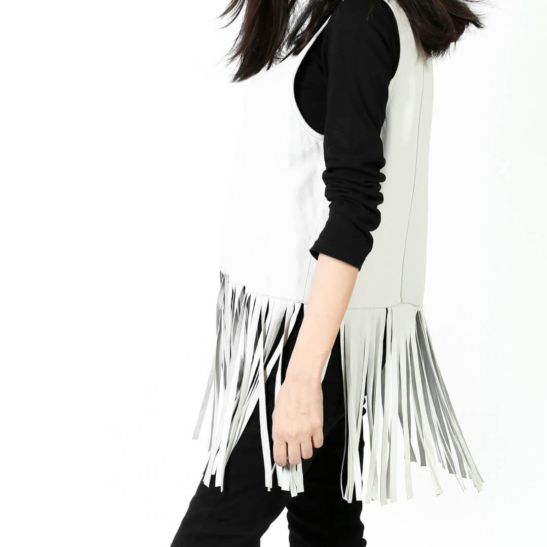 Barbra White Fringed Sleeveless Leather Top Shirt - Leather Jacketss