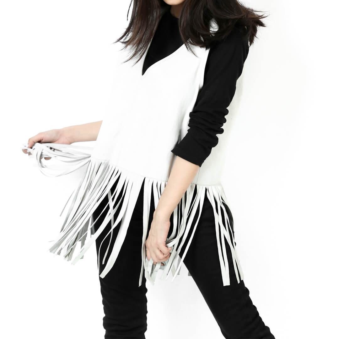 Barbra White Fringed Sleeveless Leather Top Shirt - Leather Jacketss