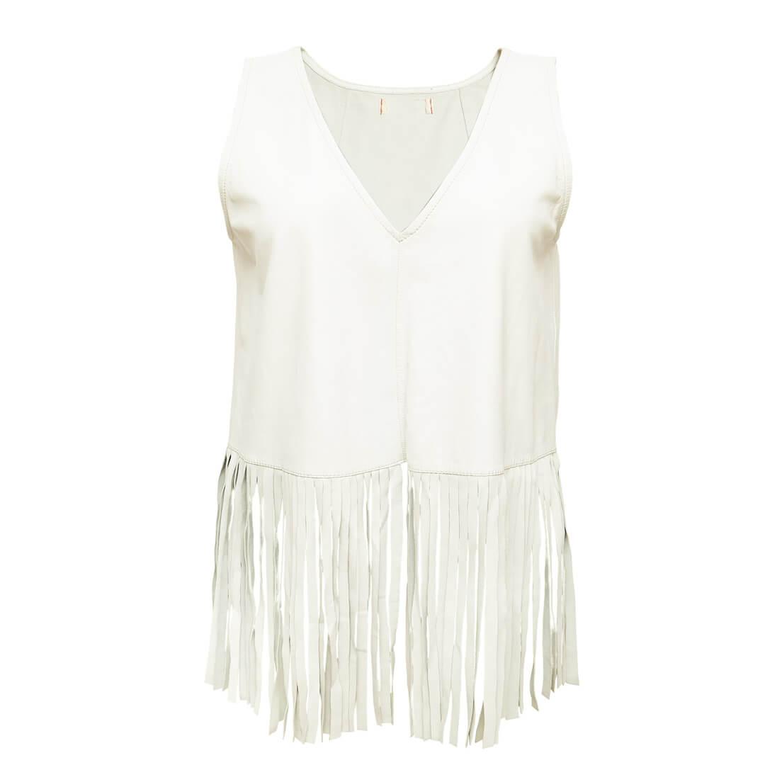 Barbra White Fringed Sleeveless Leather Top Shirt - Leather Jacketss