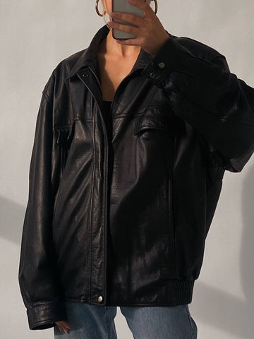 90's Look Vintage Oversized Straight Black Bomber Jacket, Old School Jacket woman - Leather Jacketss