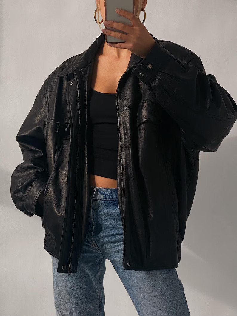 90's Look Vintage Oversized Straight Black Bomber Jacket, Old School Jacket woman - Leather Jacketss