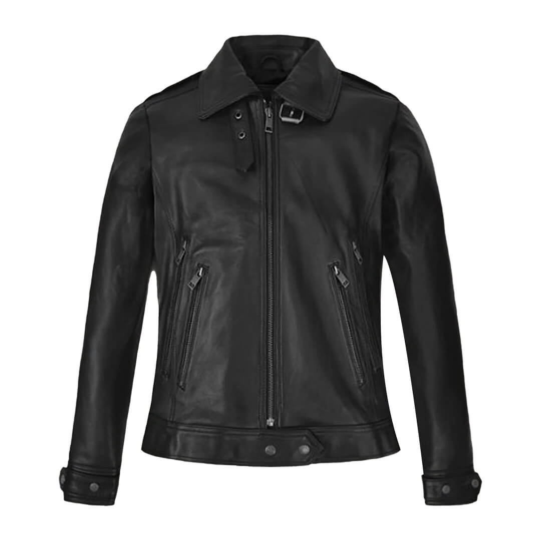 Scott Black Belted Leather Bomber Jacket - Leather Jacketss