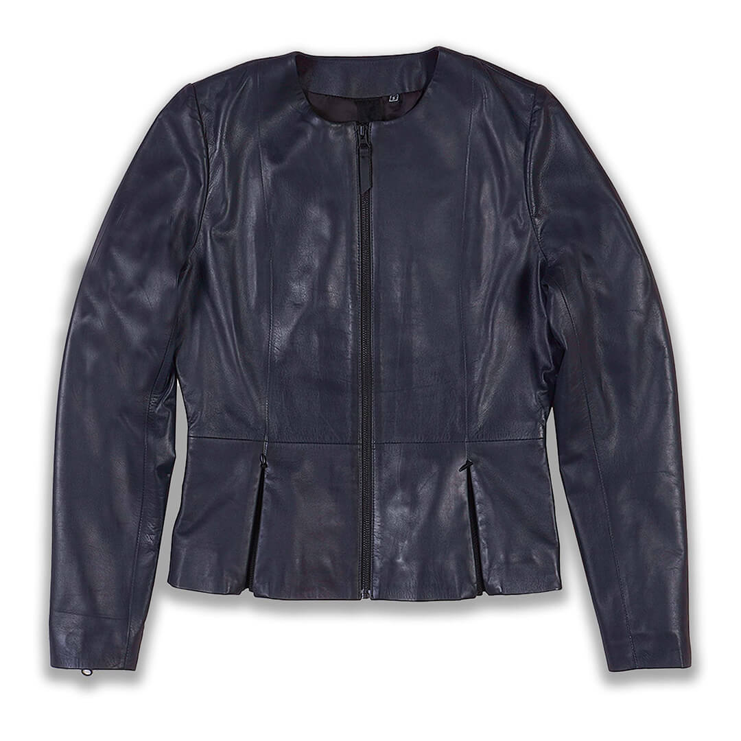 Zoey Navy Blue Collarless Leather Jacket - Leather Jacketss