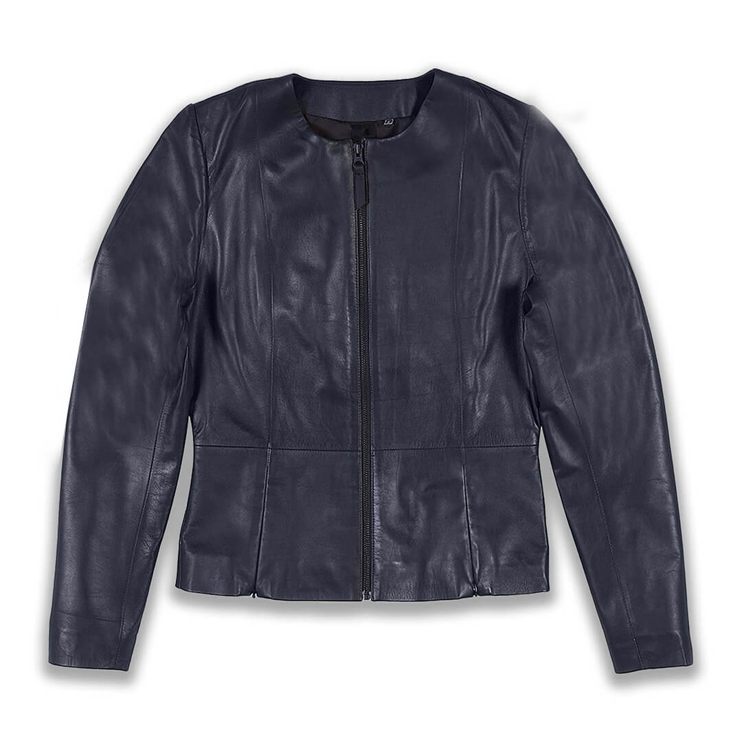 Zoey Navy Blue Collarless Leather Jacket - Leather Jacketss